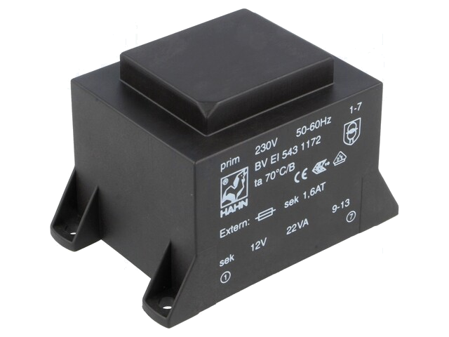 Transformator: ingegoten; 22VA; 230VAC; 12V; 1834mA; PCB; BVEI Transformator: ingegoten; 22VA; 230VAC; 12V; 1834mA; PCB; BVEI